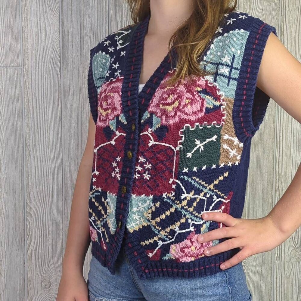 White Stag Womens Size Large Crocheted Embroidered Vest Floral Pattern Blue